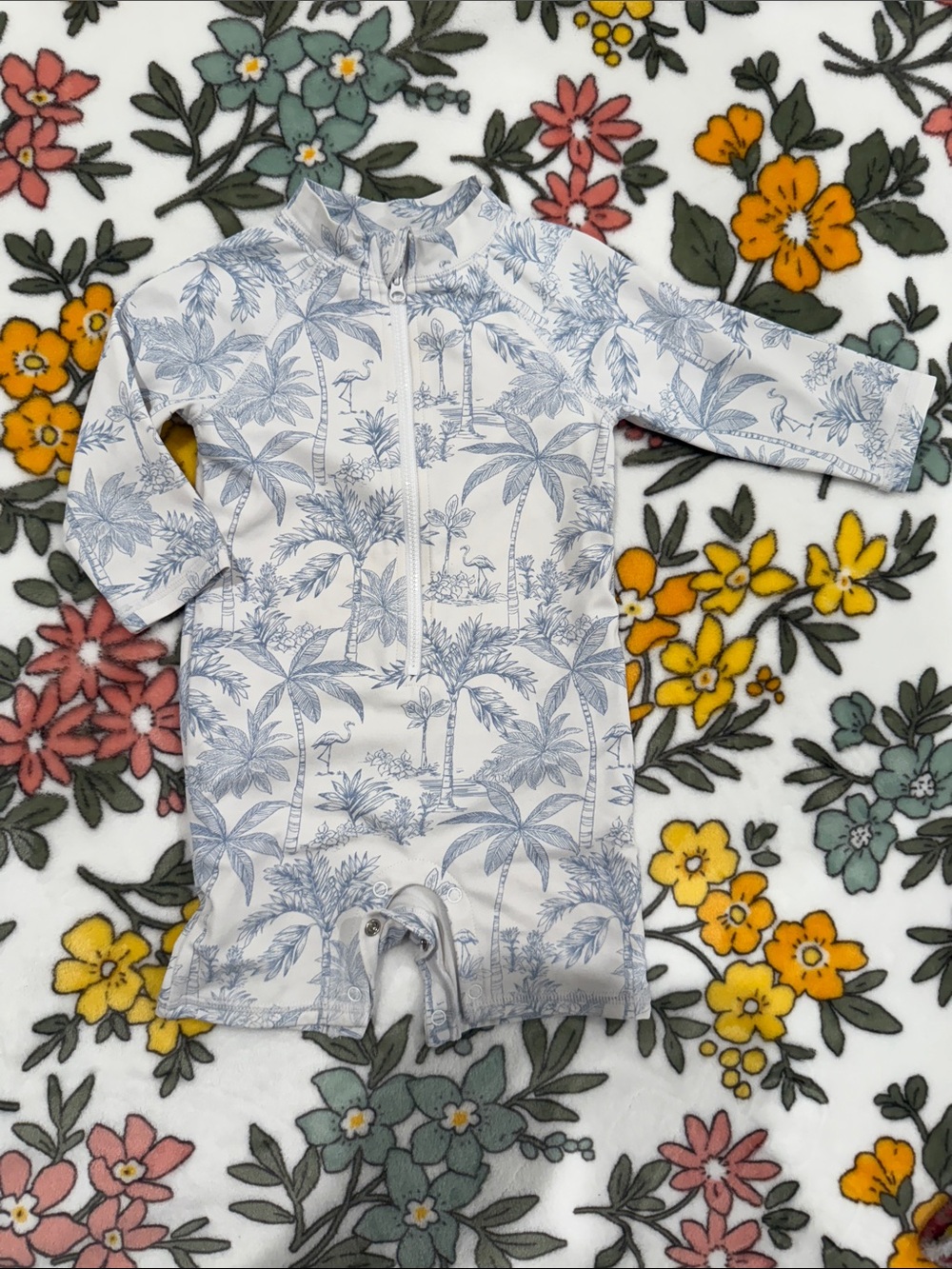 Janie and Jack Long-Sleeve Swim One-Piece Rash Guard - Blue Palm Print